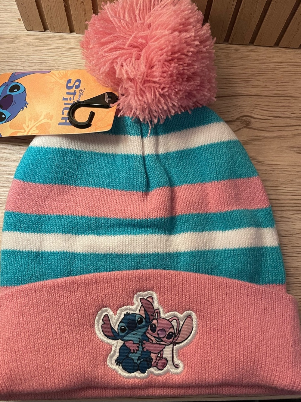 Disney Pink, Teal & White Stripe Kids Pom-Pom Beanie with Stitch Patch New